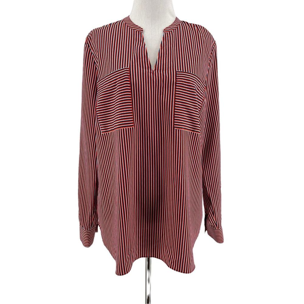 CAbi #5335 Women's Franklin‎ Red Striped Popover Long Sleeve Blouse Size Medium